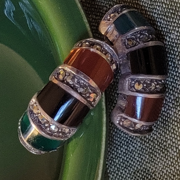 Unknown Jewelry - 🗝Vintage Sterling Jade, Hematite, & Amber Marcasite Earrings